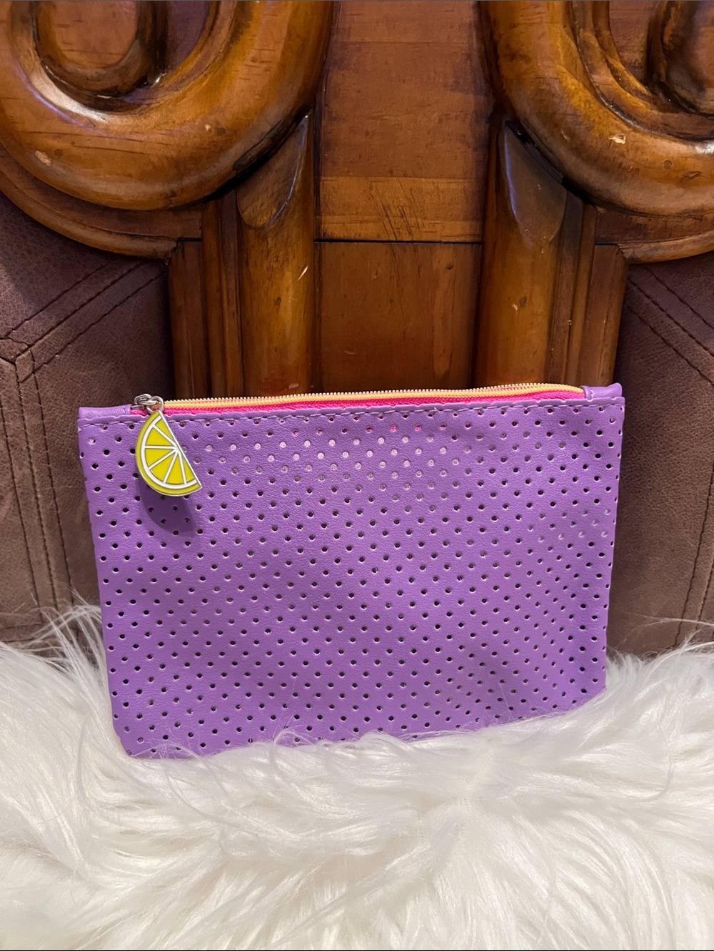 ipsy Purple Perforated Zip Pouch with Lemon Charm